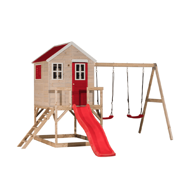 Montessori Wendi Toys Mijn Lodge Schommelset Met Platform, Glijbaan en Dubbele Schommel Rood