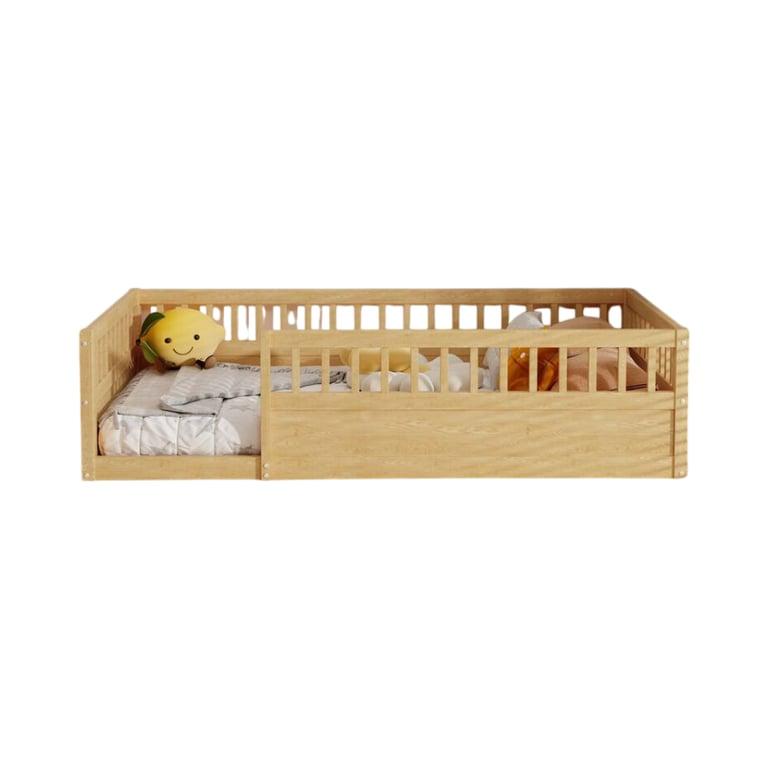 Montessori Bed Bath & Beyond Tweelingmaat Houten Vloerbed Frame Met Hekwerk en Hoge Leuningen Natuurlijk